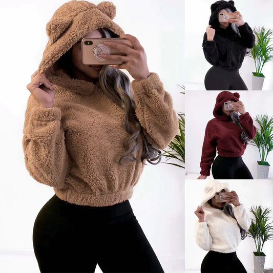 Women's Sexy Long Sleeve Plush Hoodie Top