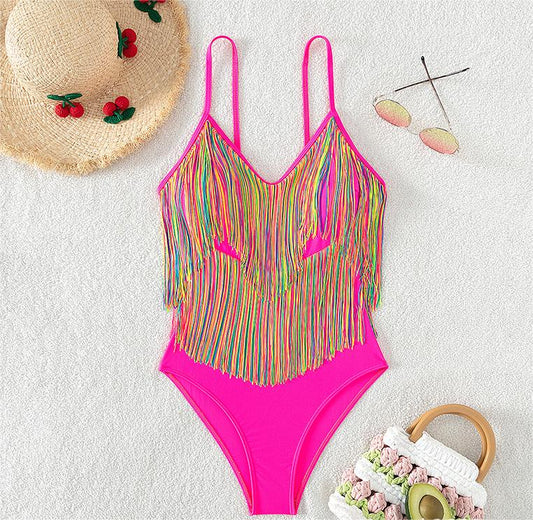 African One Piece Swimsuit Women Solid Color Tassle Strap Swimming Swimsuit