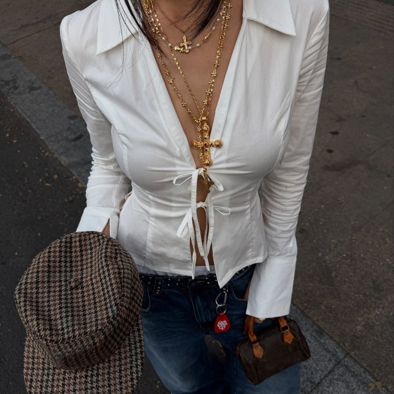 Women Clothing Autumn Street Polo Collar Cardigan Strap Long Sleeve Shirt Top