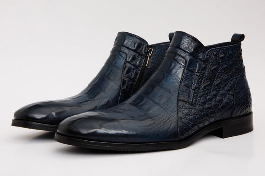 The Randor Navy Blue Crocodile Leather Side-Zip Dress Ankle Men Boot