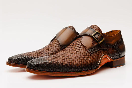 The Rolls Woven Tan Leather Single Monk Strap Handmade Men Shoe