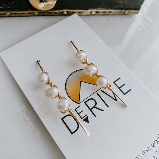 Triple Stone Freshwater Pearl Threader Earrings