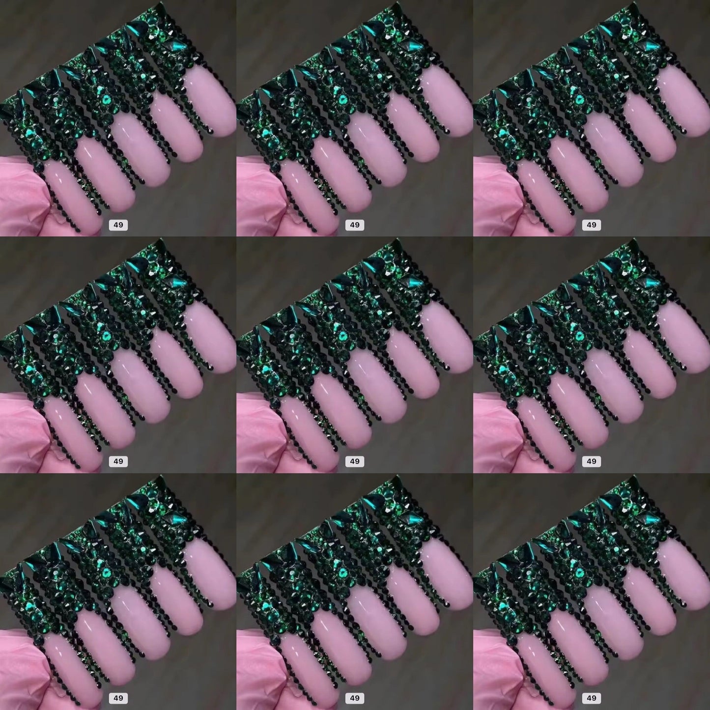 Green crystal long press on nails