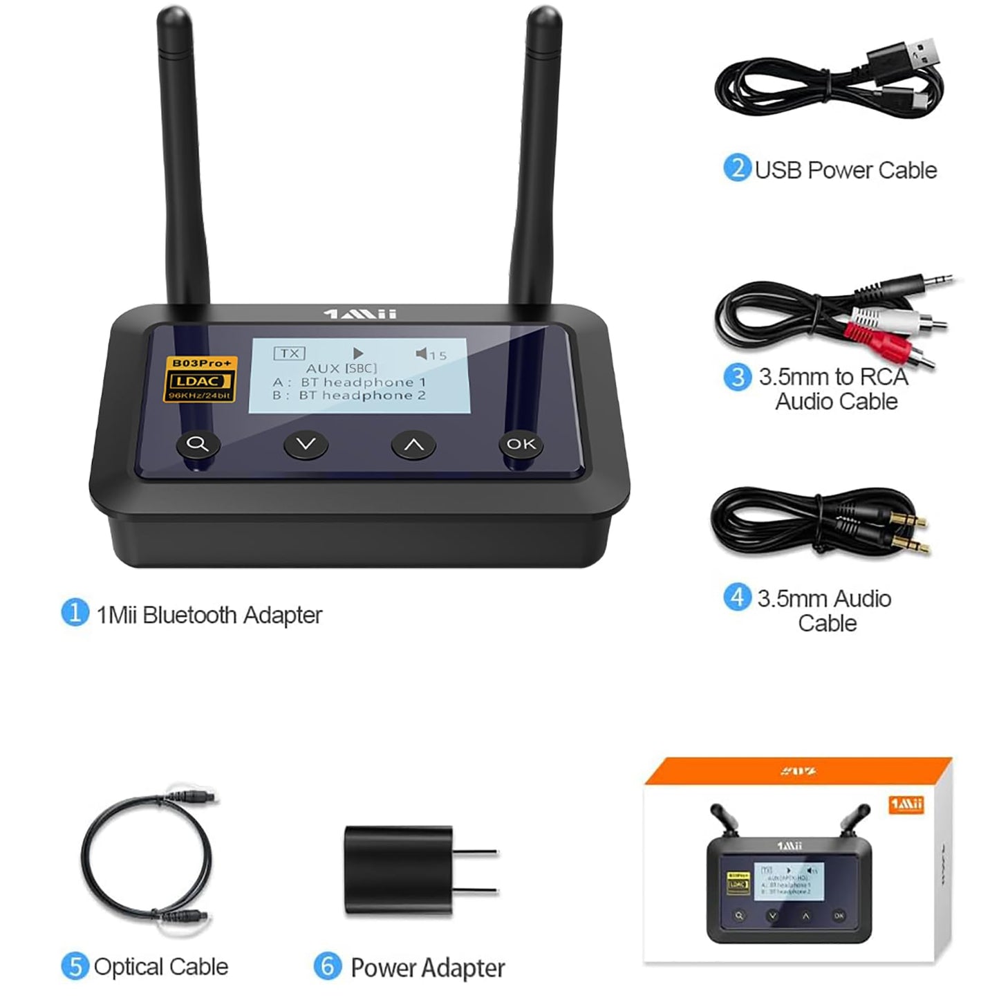 1Mii B03Pro+ Bluetooth 5.3 Transmitter Receiver Certified LDAC for TV Home Stereo, Long Range Bluetooth Extender Wireless Audio Adapter with Screen, Optical RCA AUX 3.5mm Outputs/Inputs
