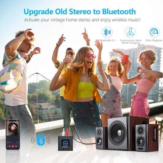 1Mii Bluetooth 5.1 Receiver for Home Stereo, Bluetooth Audio Adapter with 3.5mm RCA, Wireless Hi-Fi Music Streaming from Smartphone/Tablet to Wired Speaker, 12hrs Playtime, Bass Mode