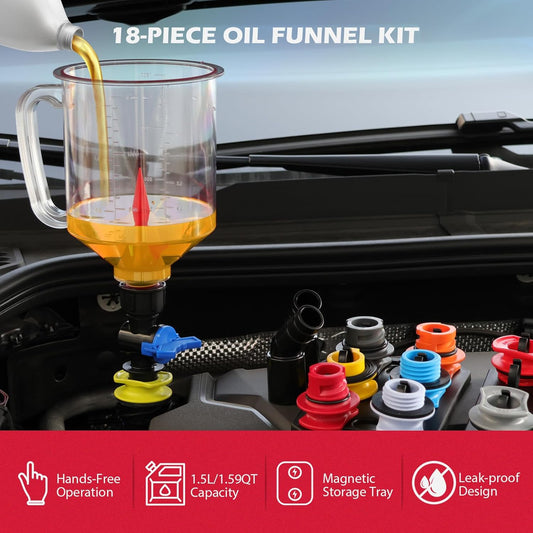 18-Piece Engine Oil Funnel Set, 1.59QT/1.5L Automotive Oil Funnel Kit with 12 Adapters, Elbow Fitting, Arrow Screen and Magnetic Storage Hooks Tray, Compatible with GM, Ford, BMW, Audi, Land Rover Etc