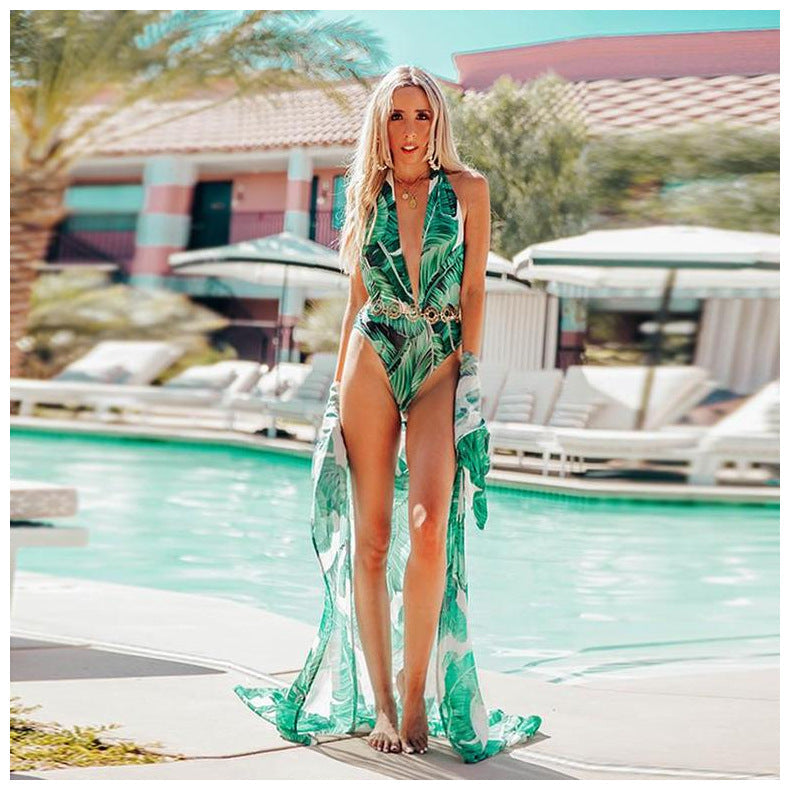 Chiffon Japanese Banana Leaf Printed Cardigan Vacation Beach Bikini Cover