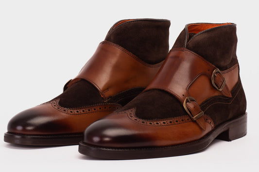 The Albus Tan Leather & Suede Double Strap Monk Brogue Men Boot