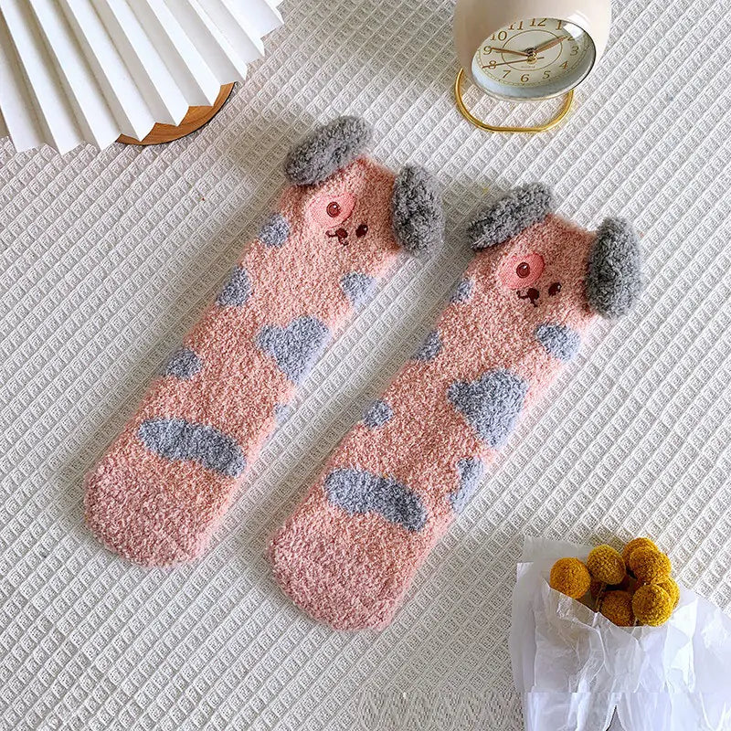 Thick Coral Fleece Warm Mid-Tube Sleeping Socks for Women