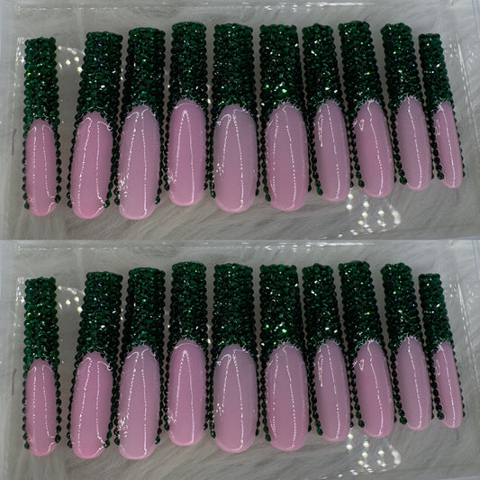 Green crystal long press on nails