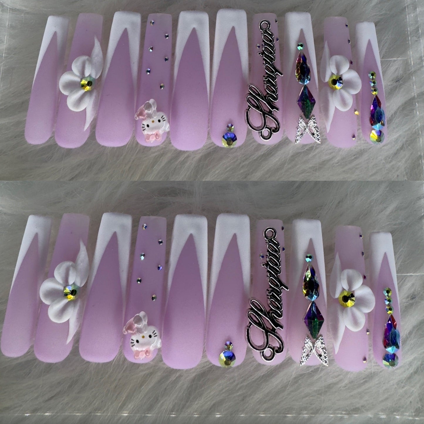 Purple and white long acrylic nails