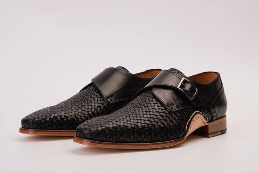 The Rolls Woven Black Leather Single Monk Strap Handmade Men Shoe