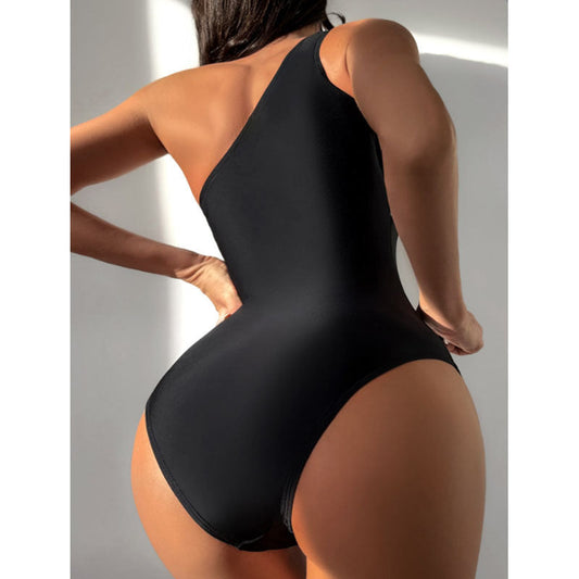 One Shoulder Color Block Jumpsuit Women Cover Belly Conservative Bikini Beach Spring Swimsuit