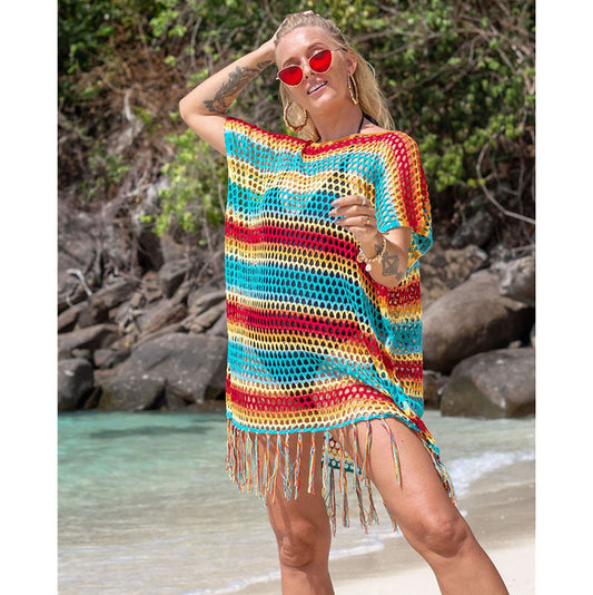 Knitted Color Stripes Tassel Beach Cover-up Sexy Hollow Out Cutout Seaside Sun Protection Clothing Beach Cover Up Crochet
