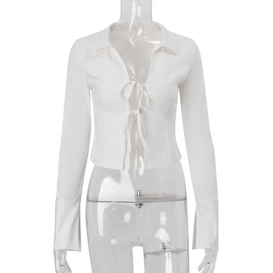 Women Clothing Autumn Street Polo Collar Cardigan Strap Long Sleeve Shirt Top