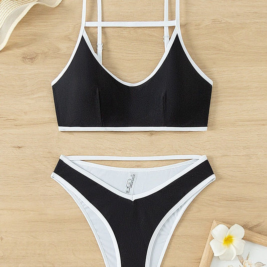 Vest Women Swimsuit Hollow Out Cutout Sexy Contrast Color Thin Edges Bikini