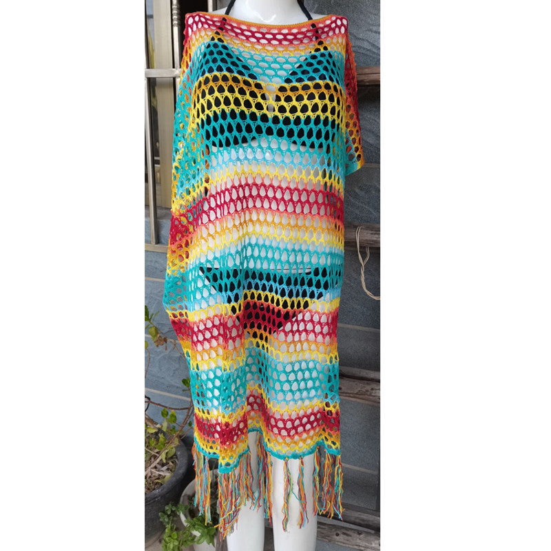 Knitted Color Stripes Tassel Beach Cover-up Sexy Hollow Out Cutout Seaside Sun Protection Clothing Beach Cover Up Crochet