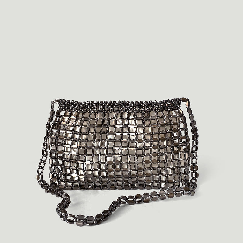 Dumpling Bag Retro Shiny Metallic Sequin Bag Hand Woven Shoulder Bag Travel Holiday Underarm Bag