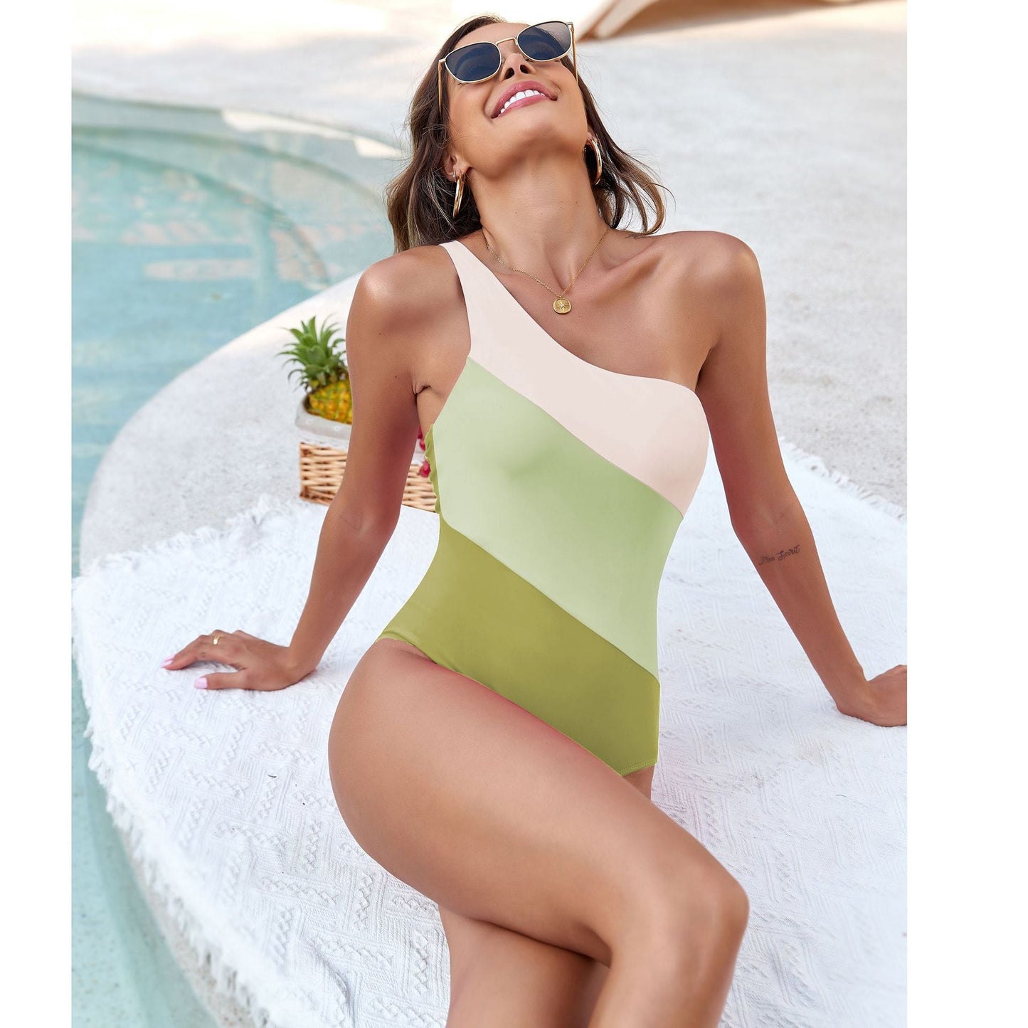 Swimsuit Solid Color Stitching One Piece Swimsuit Women Swimwear