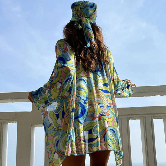 【MOQ-5 packs】 Printed Shawl Halter Swimsuit Three Piece Set Mesh Sunscreen Beach Spring Bikini