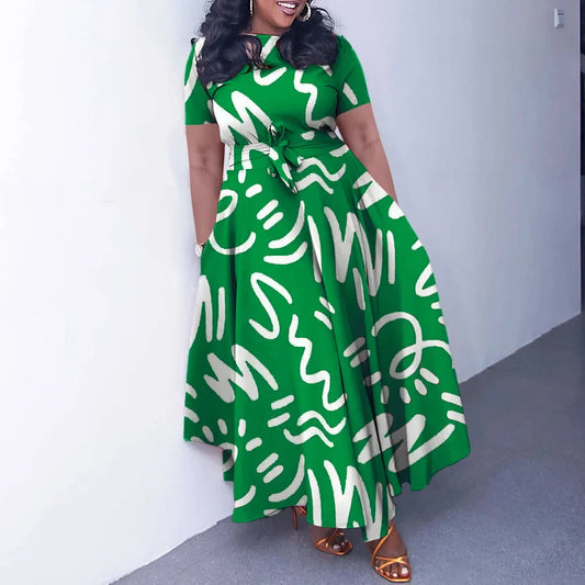 Printed Belted Dress Elegant Knee-Length Round Neck Short Sleeve Dress