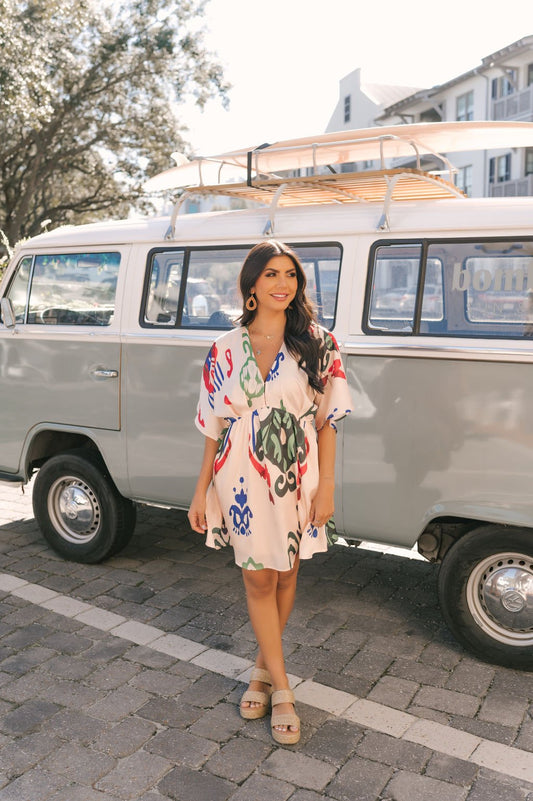 Natural Print V Neck Mini Dress - DOORBUSTER