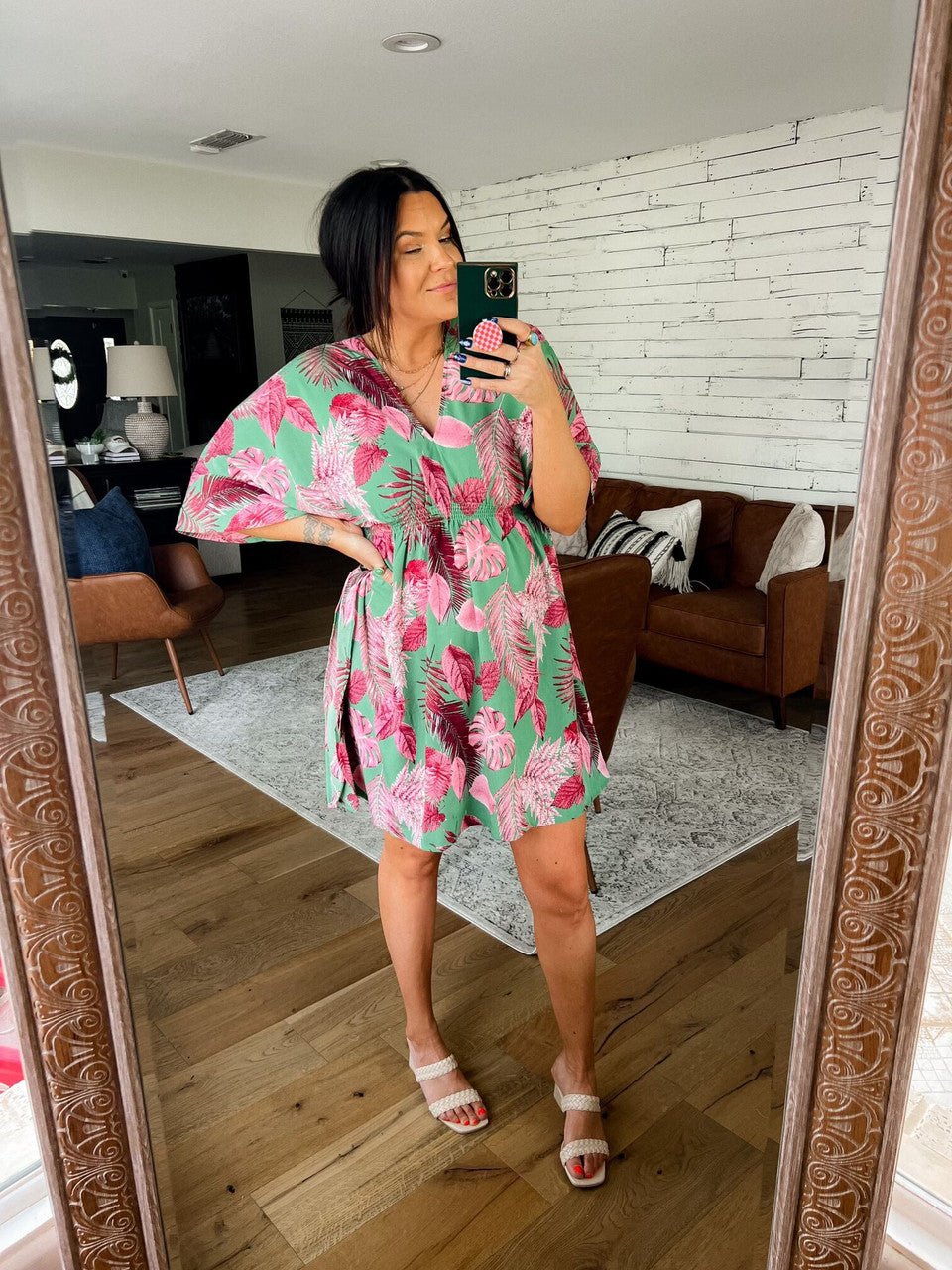 V-Neck Green/Pink Palm Empire Dress - FINAL SALE