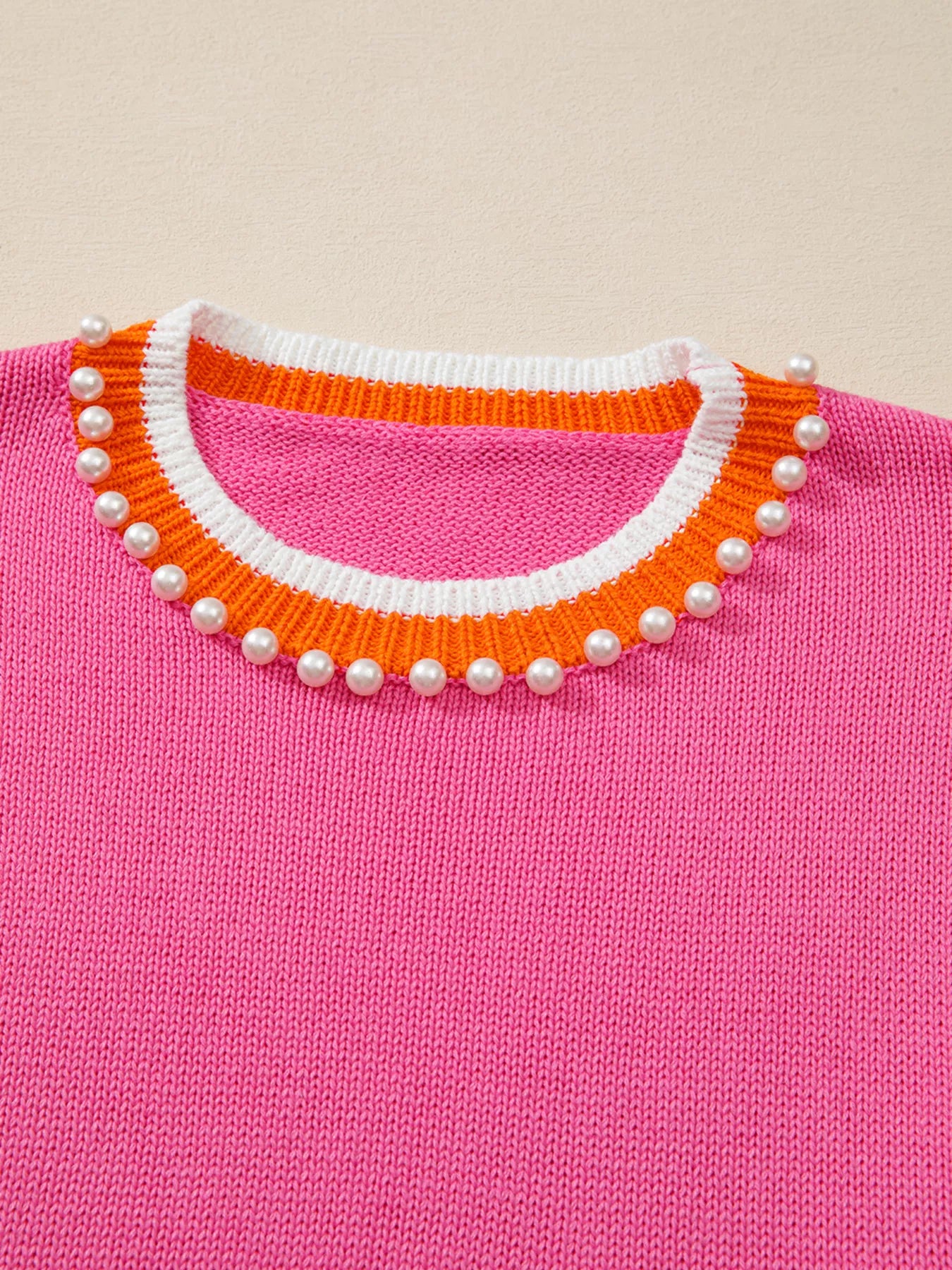 Contrast Crew Neck Pearled Decor Drop Shoulder Knit Sweater