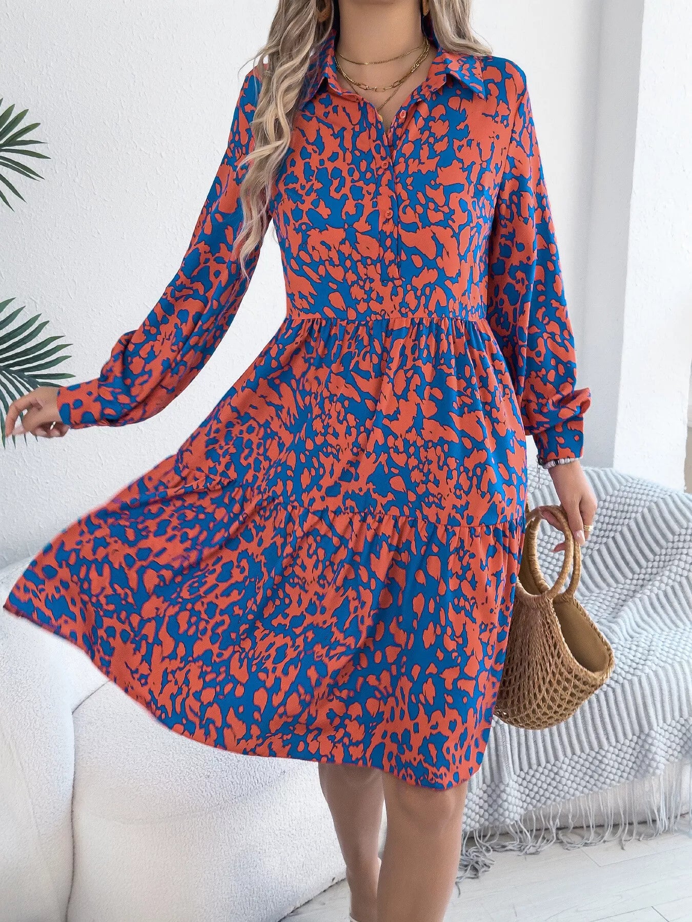 Printed Collared Neck Long Sleeve Dress