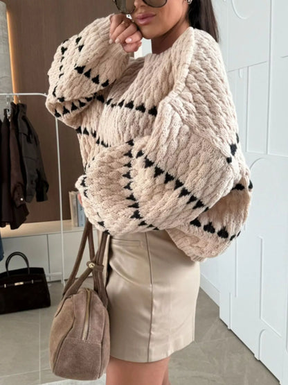 Chunky Knit Striped Sweater with Balloon Sleeves