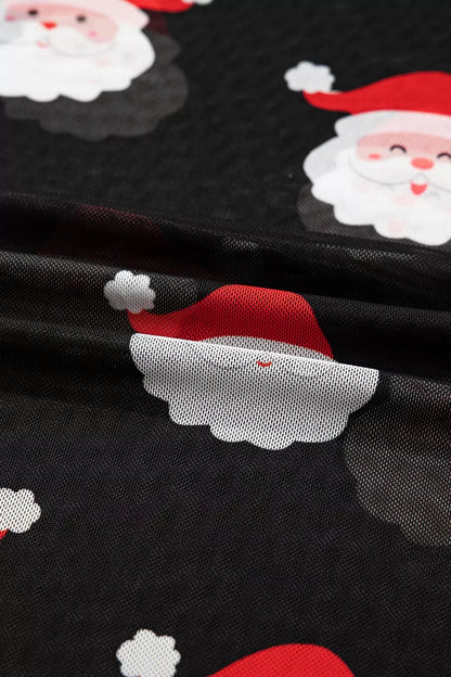 Christmas Santa Print Mesh Long Sleeve Top