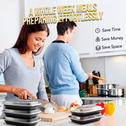 100-Piece (50-Pack) 24 OZ Meal Prep Containers Reusable with Lids, Sturdy Leakproof & Food Safe, Microwave, Freezer, Dishwasher Safe To Go Food Containers, Plastic Take Out Containers, Black