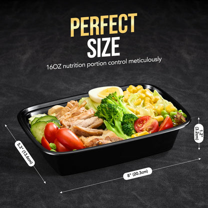 100-Piece (50-Pack) 24 OZ Meal Prep Containers Reusable with Lids, Sturdy Leakproof & Food Safe, Microwave, Freezer, Dishwasher Safe To Go Food Containers, Plastic Take Out Containers, Black