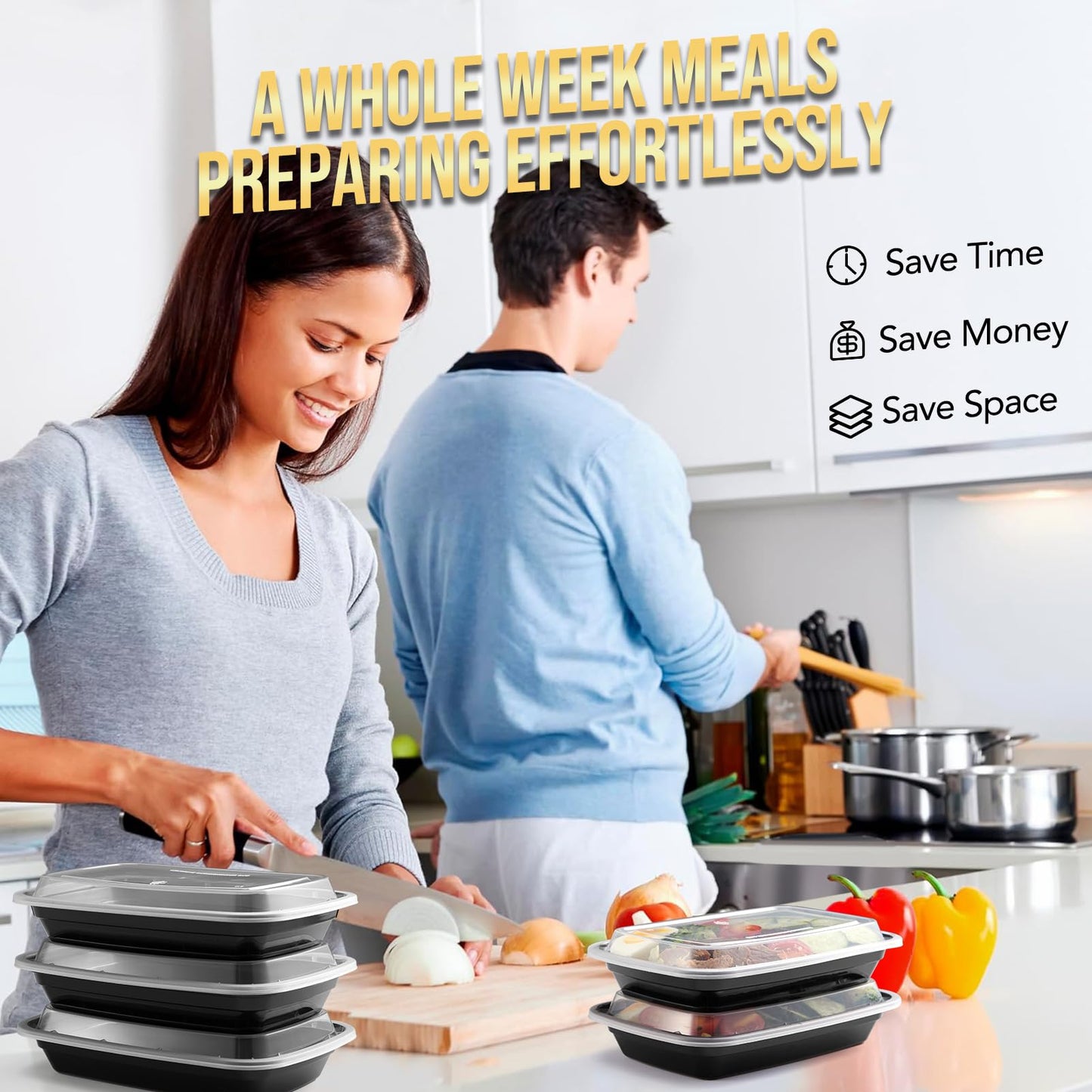 100-Piece (50-Pack) 24 OZ Meal Prep Containers Reusable with Lids, Sturdy Leakproof & Food Safe, Microwave, Freezer, Dishwasher Safe To Go Food Containers, Plastic Take Out Containers, Black