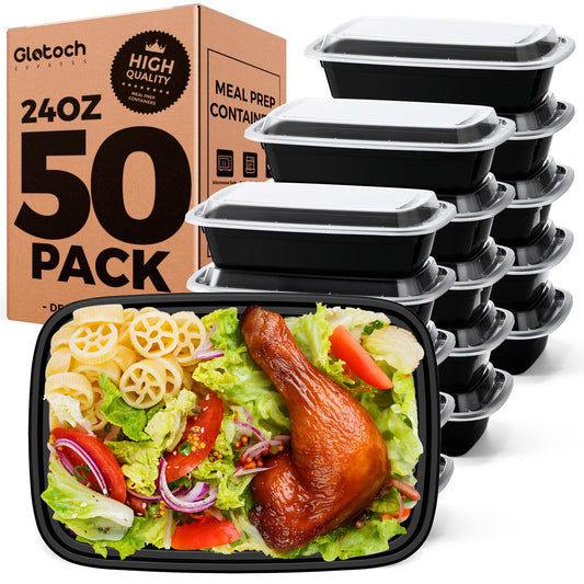 100-Piece (50-Pack) 24 OZ Meal Prep Containers Reusable with Lids, Sturdy Leakproof & Food Safe, Microwave, Freezer, Dishwasher Safe To Go Food Containers, Plastic Take Out Containers, Black