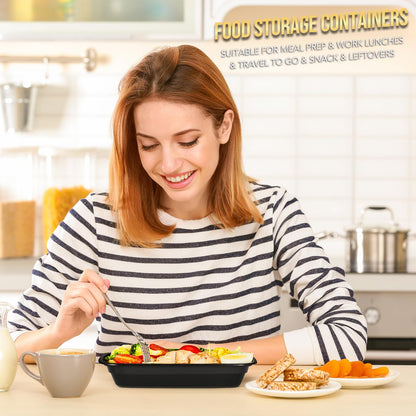 100-Piece (50-Pack) 24 OZ Meal Prep Containers Reusable with Lids, Sturdy Leakproof & Food Safe, Microwave, Freezer, Dishwasher Safe To Go Food Containers, Plastic Take Out Containers, Black