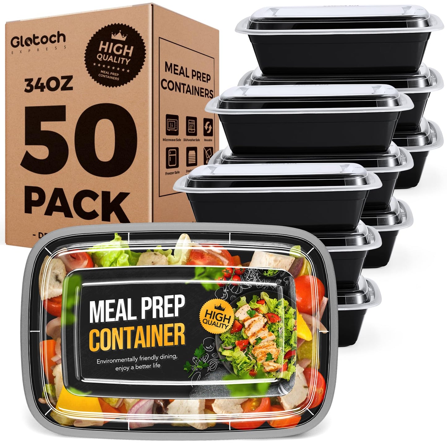 100-Piece (50-Pack) 24 OZ Meal Prep Containers Reusable with Lids, Sturdy Leakproof & Food Safe, Microwave, Freezer, Dishwasher Safe To Go Food Containers, Plastic Take Out Containers, Black