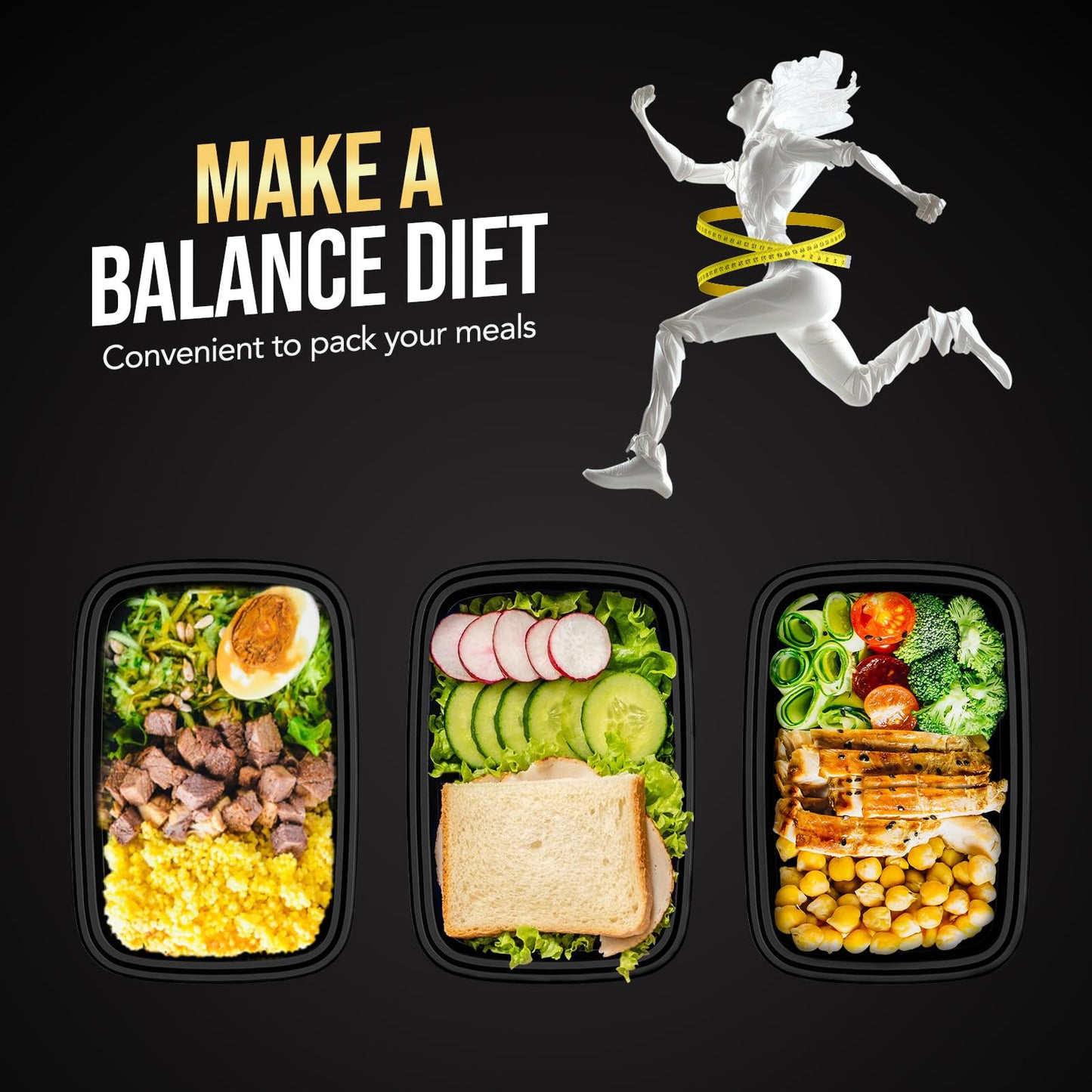 100-Piece (50-Pack) 24 OZ Meal Prep Containers Reusable with Lids, Sturdy Leakproof & Food Safe, Microwave, Freezer, Dishwasher Safe To Go Food Containers, Plastic Take Out Containers, Black