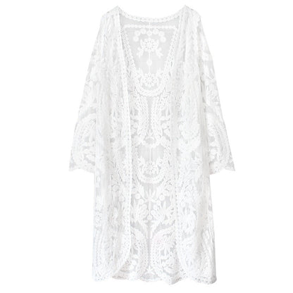 Mesh Swimsuit See through Long Outer Match Sun Protection Clothing Lace Embroidered Cardigan Beach Bikini Beach Jacket Women