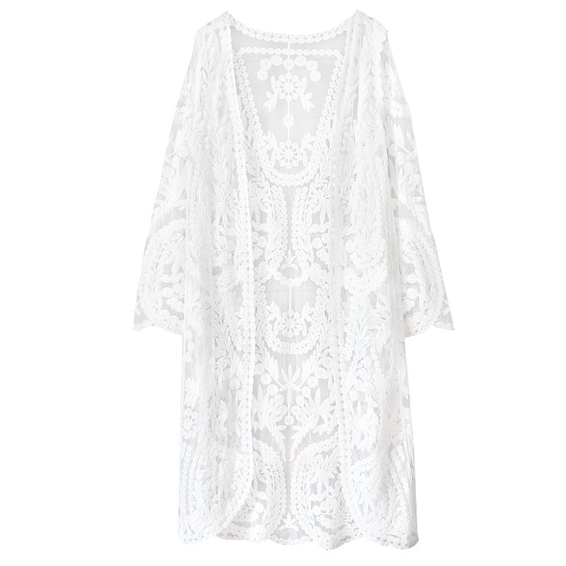 Mesh Swimsuit See through Long Outer Match Sun Protection Clothing Lace Embroidered Cardigan Beach Bikini Beach Jacket Women