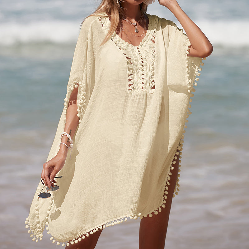 Solid Color Hand Crocheting Collar Stitching Beach Cover up Skirt Small Ball Edge Sun Protection Mid-Length Sexy Beach