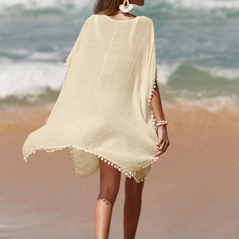 Solid Color Hand Crocheting Collar Stitching Beach Cover up Skirt Small Ball Edge Sun Protection Mid-Length Sexy Beach