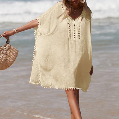 Solid Color Hand Crocheting Collar Stitching Beach Cover up Skirt Small Ball Edge Sun Protection Mid-Length Sexy Beach