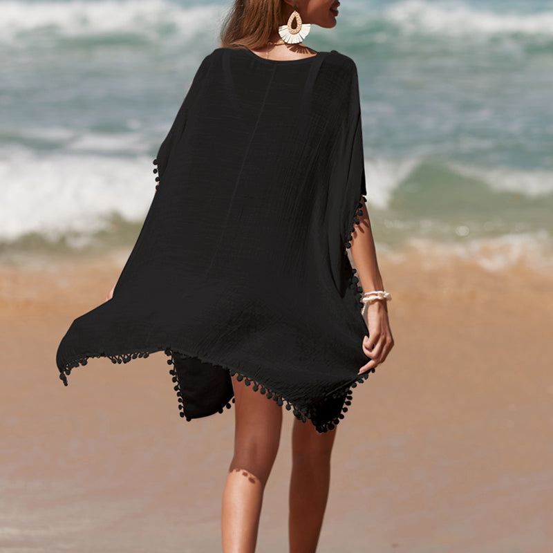 Solid Color Hand Crocheting Collar Stitching Beach Cover up Skirt Small Ball Edge Sun Protection Mid-Length Sexy Beach