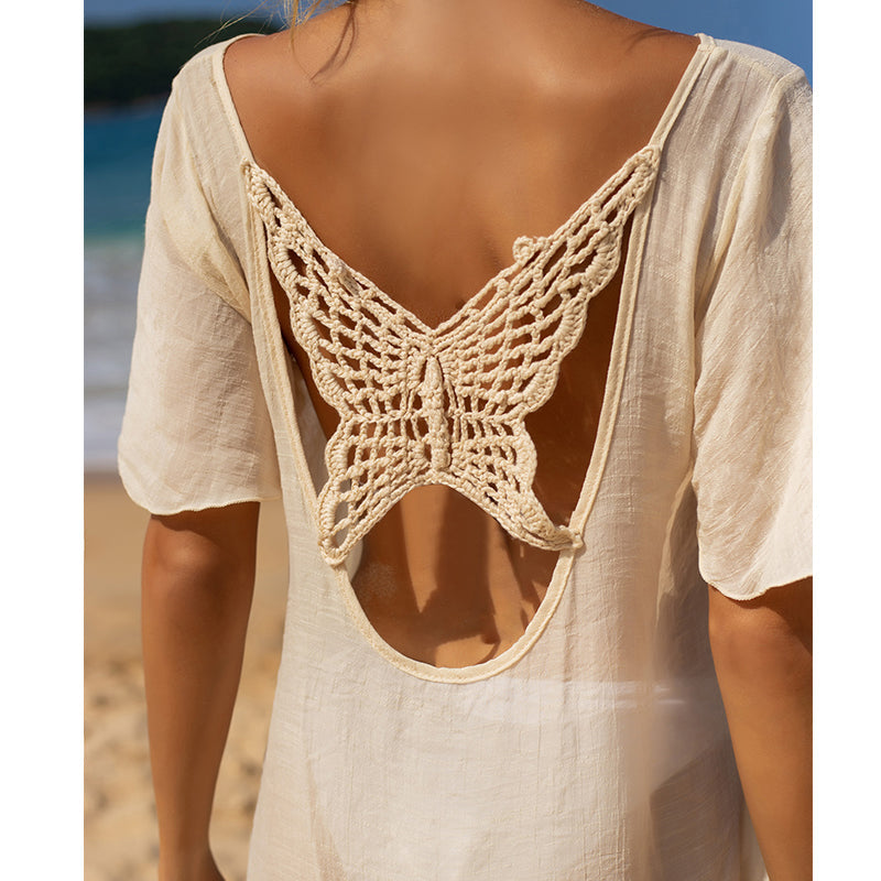 Arrival Vacation Solid Color Hand Crocheting Butterfly Stitching Wooden Ear Loose Beach Sun Protection Sexy Beach Cover-up