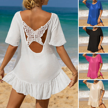 Arrival Vacation Solid Color Hand Crocheting Butterfly Stitching Wooden Ear Loose Beach Sun Protection Sexy Beach Cover-up