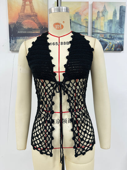 Spring Summer Hollow Out Cutout Beach Holiday Knitted Blouse Coat Beach