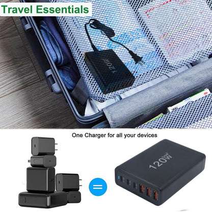 120W Fast Charger QC3.0 GaN USB C Phone Charger 6 Ports Universal Tablet Laptop Charging Block Multiple USB Charger