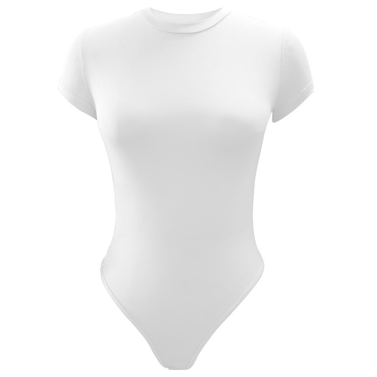 Solid Color Bottoming WomenClothing Basic Casual Short Sleeve round Neck Tight Bodysuit Summer