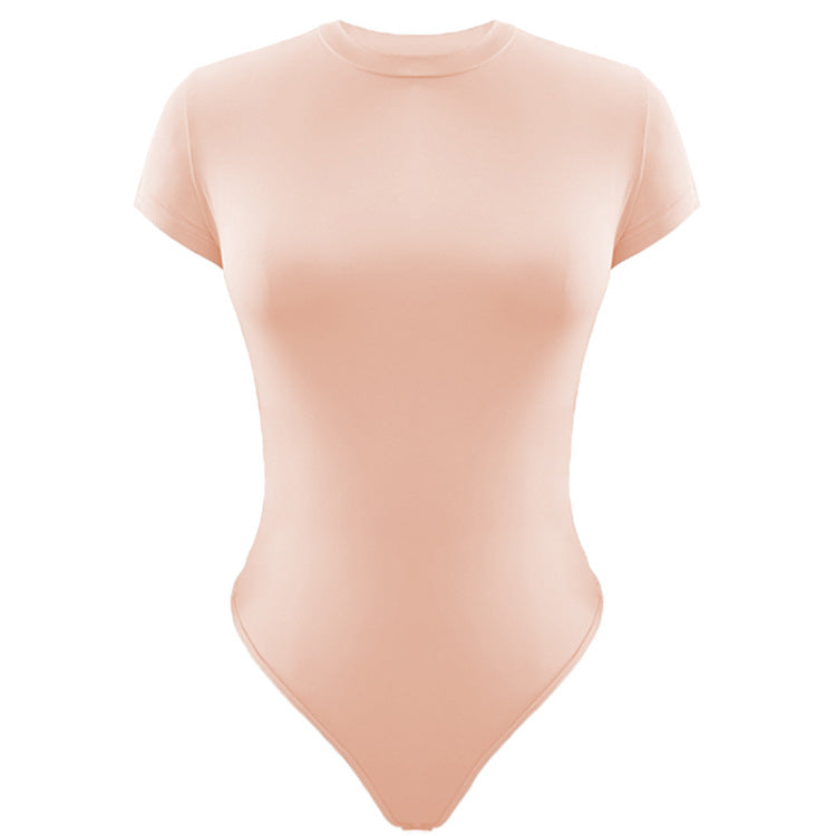Solid Color Bottoming WomenClothing Basic Casual Short Sleeve round Neck Tight Bodysuit Summer